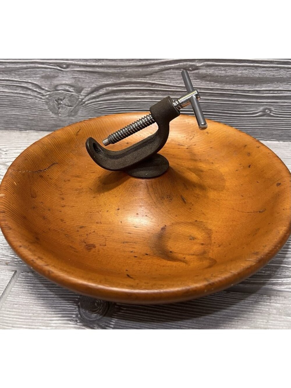 Vintage MCM Cast Iron Nut Cracker w Wood Bowl Primitive Farmhouse Decor 10.5”